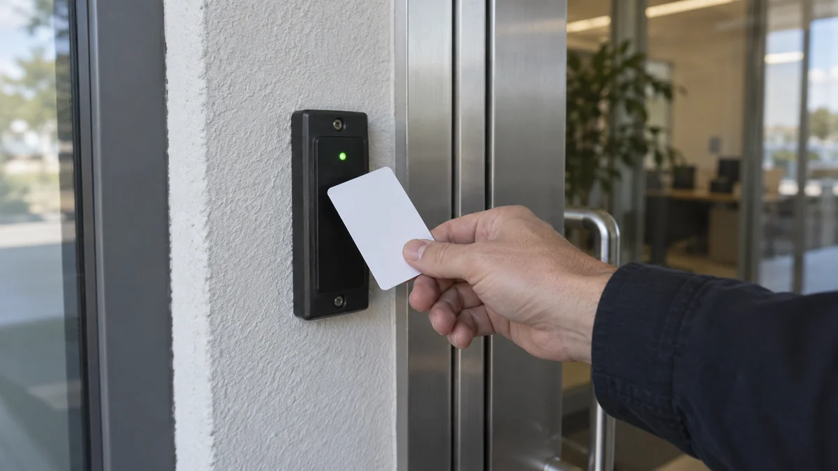 Uso de una tarjeta de proximidad en un lector instalado junto a una puerta.