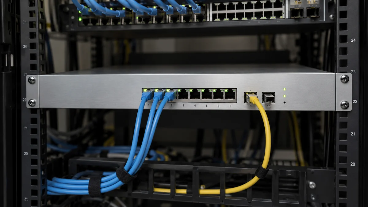 Equipo de firewall montado en rack y conectado a la red mediante cables Ethernet.