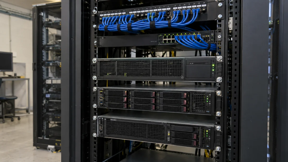 Rack con servidores, panel de conexiones y cableado de red organizado.