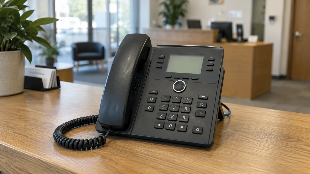 Teléfono IP de escritorio instalado en una recepción.